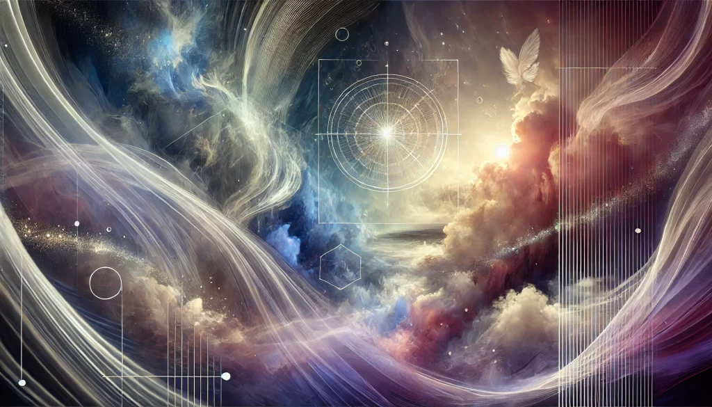 A captivating landscape-oriented image representing Renata Clarke's Quantum Essence Branding, featuring a blend of modern technology and ancient wisdom. The image includes elements like a glowing digital blueprint, astrological symbols, and a serene figure meditating with an ethereal glow, using deep blues, purples, and golds to convey a sense of mystery and transformation.