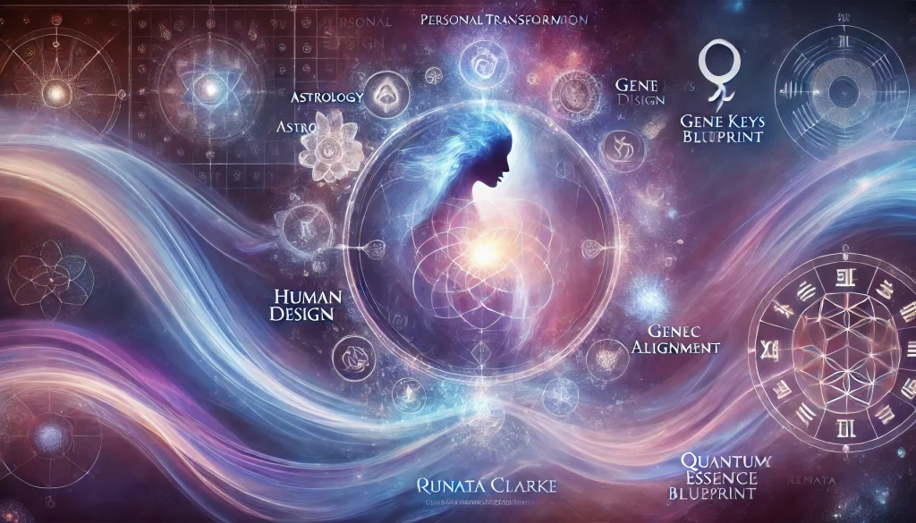 A visually captivating image created for Renata Clarke of Renata Clarke Brand Alchemy, showcasing the Quantum Essence Blueprint service. The image represents personal transformation and brand alignment, featuring soft flowing energies of deep blues and purples with glowing light at the center, symbolizing inner illumination. Subtle symbols of astrology, Human Design, Gene Keys, and numerology are integrated into the background, reflecting the unique blend of spiritual wisdom and modern AI-driven strategy used by Renata Clarke to guide personal and professional alignment.