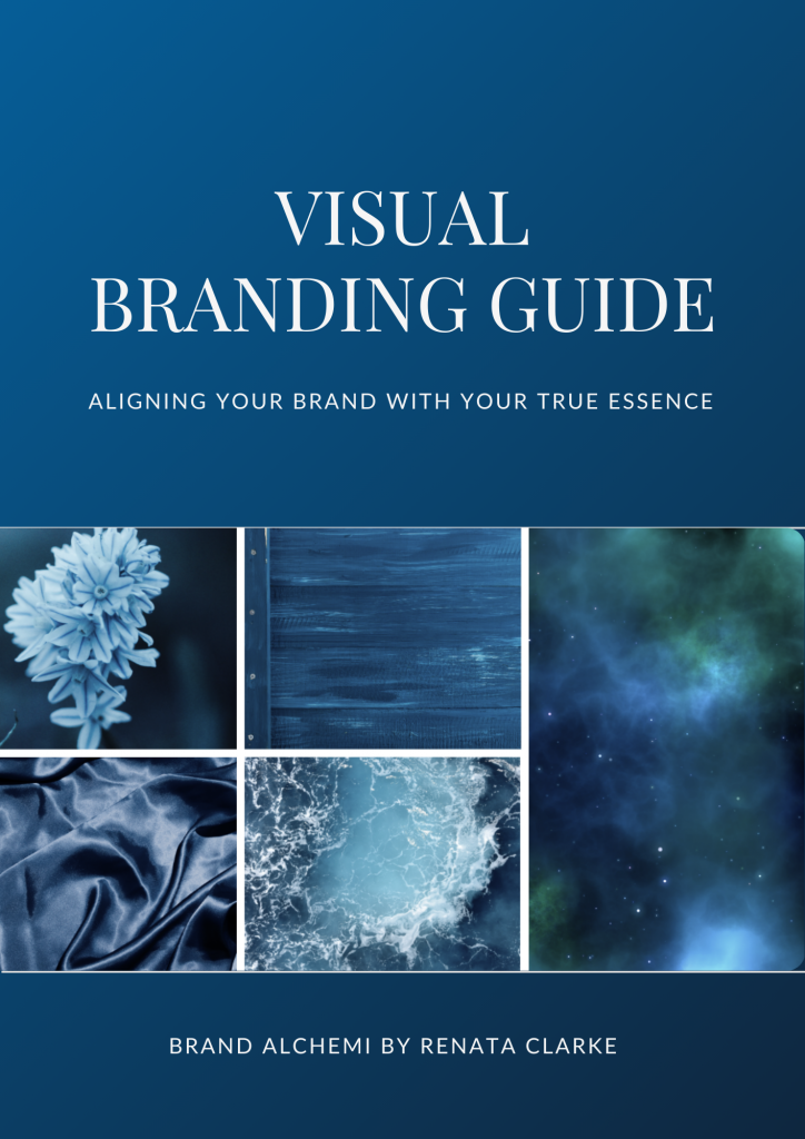 Cover of the Visual Branding Guide by Brand Alchemi, featuring a collage of textures like silk, water, and cosmic visuals, with the tagline 'Aligning Your Brand with Your True Essence.'