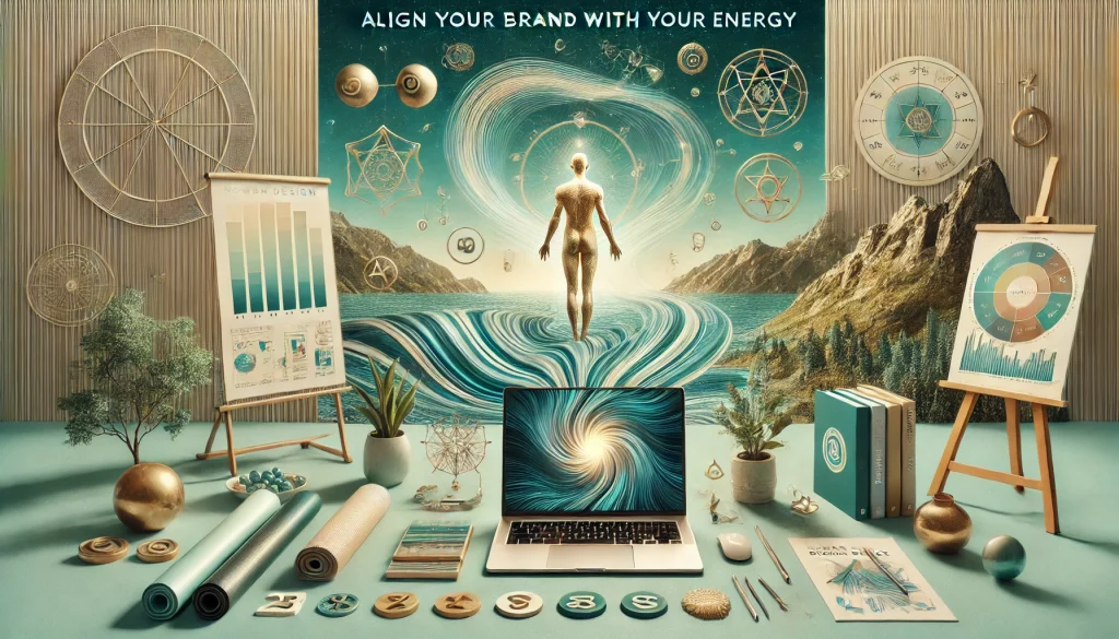 A vibrant digital representation of Energetic Brand Alignment by Renata Clarke of Brand Alchemi, Worcester, UK. The image combines flowing energy waves with branding elements like mood boards, notebooks, and a laptop, integrated with Human Design charts, Astrology symbols, and Numerology numbers, reflecting the harmony of strategic branding and spiritual insights.