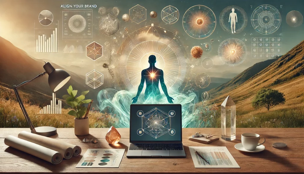 A serene professional design depicting holistic brand development with Renata Clarke of Brand Alchemi in Worcester UK. A blend of modern branding tools like a laptop and mood boards, combined with spiritual elements like glowing energy waves, crystals, and symbolic charts of Human Design and Astrology. Perfectly reflecting purpose-driven branding and energetic alignment.