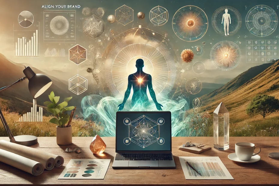 A serene professional design depicting holistic brand development with Renata Clarke of Brand Alchemi in Worcester UK. A blend of modern branding tools like a laptop and mood boards, combined with spiritual elements like glowing energy waves, crystals, and symbolic charts of Human Design and Astrology. Perfectly reflecting purpose-driven branding and energetic alignment.