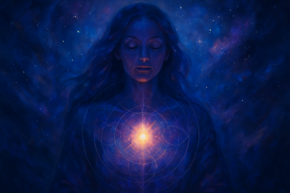 Cosmic visionary art in deep blues and purples symbolizing Human Design branding, energetic leadership, and authentic visibility; created for Brand Alchemi by Renata Clarke.