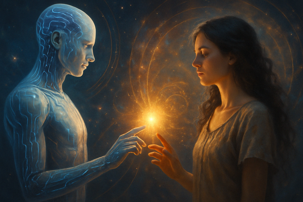 A digital painting in a semi-realistic style showing a woman standing between organic nature and futuristic technology, symbolizing harmony between human wisdom and AI intelligence — representing Renata Clarke’s unique fusion of intuitive brand alchemy and conscious co-creation with artificial intelligence.