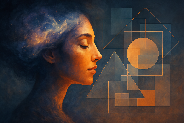 Surreal abstract digital artwork combining ethereal soul energy with structured strategy flow, symbolizing the fusion of personal alignment and brand strategy by Renata Clarke of Brand Alchemi.