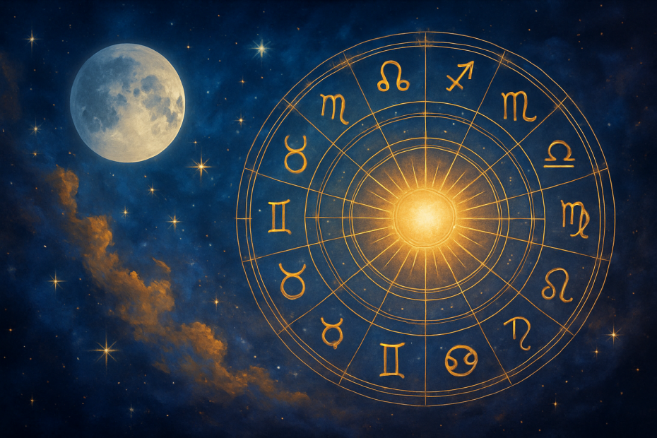 Celestial digital artwork featuring a glowing astrological chart with zodiac symbols against a cosmic sky, created for Brand Alchemi by Renata Clarke to symbolize astrology-based branding, soul-aligned business visibility, and energetic leadership.