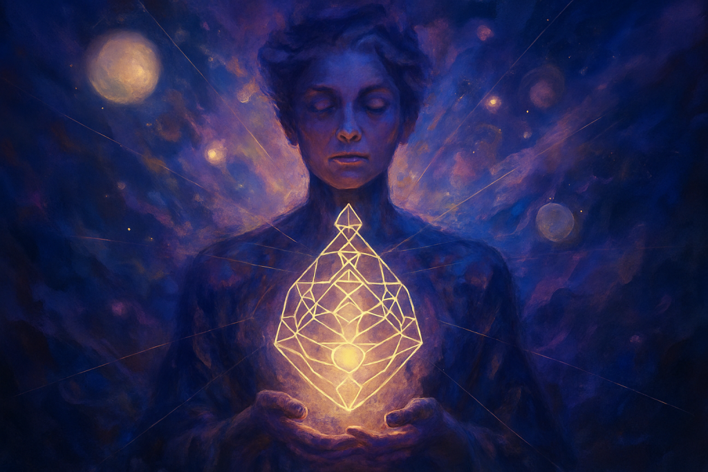 Digital illustration featuring a glowing Genekeys Activation Sequence at the chest of a shadowed figure, symbolising brand essence and messaging created for Brand Alchemi by Renata Clarke.