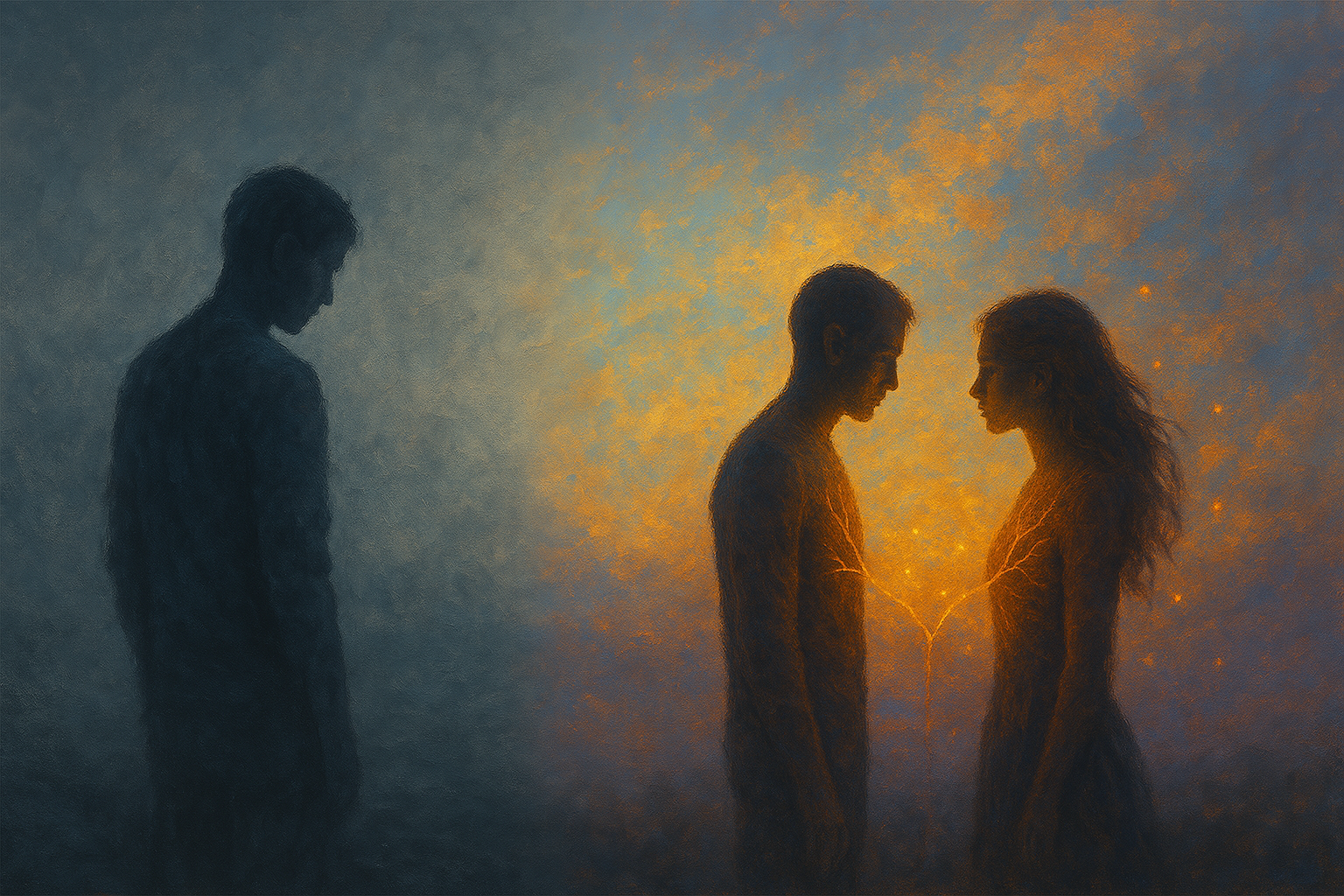 A surreal digital painting representing emotional detachment versus soulful connection, featuring symbolic contrast in light and form. Created for Renata Clarke of Brand Alchemi to visually support themes of energetic branding, emotional frequency leadership, and transformative business identity.