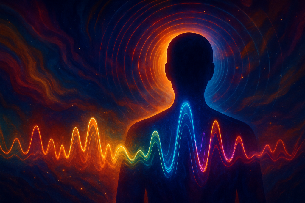 Abstract digital artwork representing Emotional Frequency Leadership by Renata Clarke. A luminous human silhouette radiates waves of violet, indigo, and gold energy—symbolising emotional resonance, transformation, and authentic visibility. Created for Quantum Essence Branding by Brand Alchemi, showcasing the power of energetic alignment and emotional truth in branding.