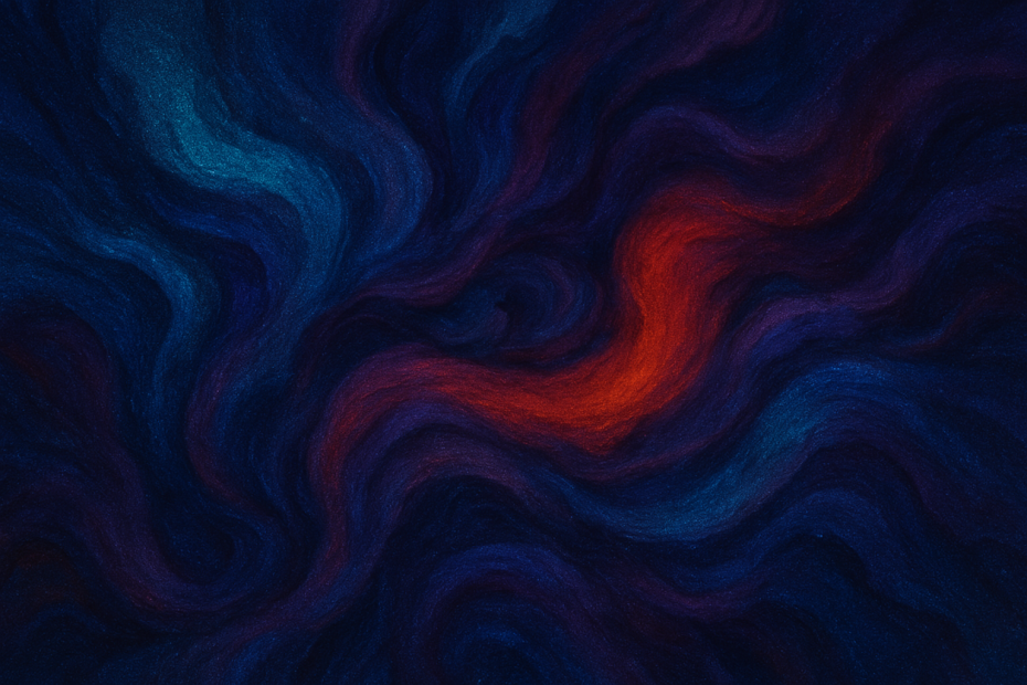 Abstract cosmic-style digital artwork in deep blues, teals, purples, and red-orange with swirling forms and glowing textures. Created for Renata Clarke, Brand Alchemi.