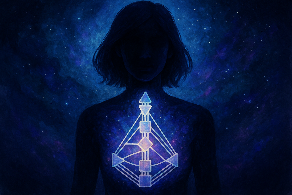 Cosmic digital illustration featuring a glowing Human Design chart at the chest of a shadowed figure, symbolizing branding, leadership, and visibility, created for Brand Alchemi by Renata Clarke.