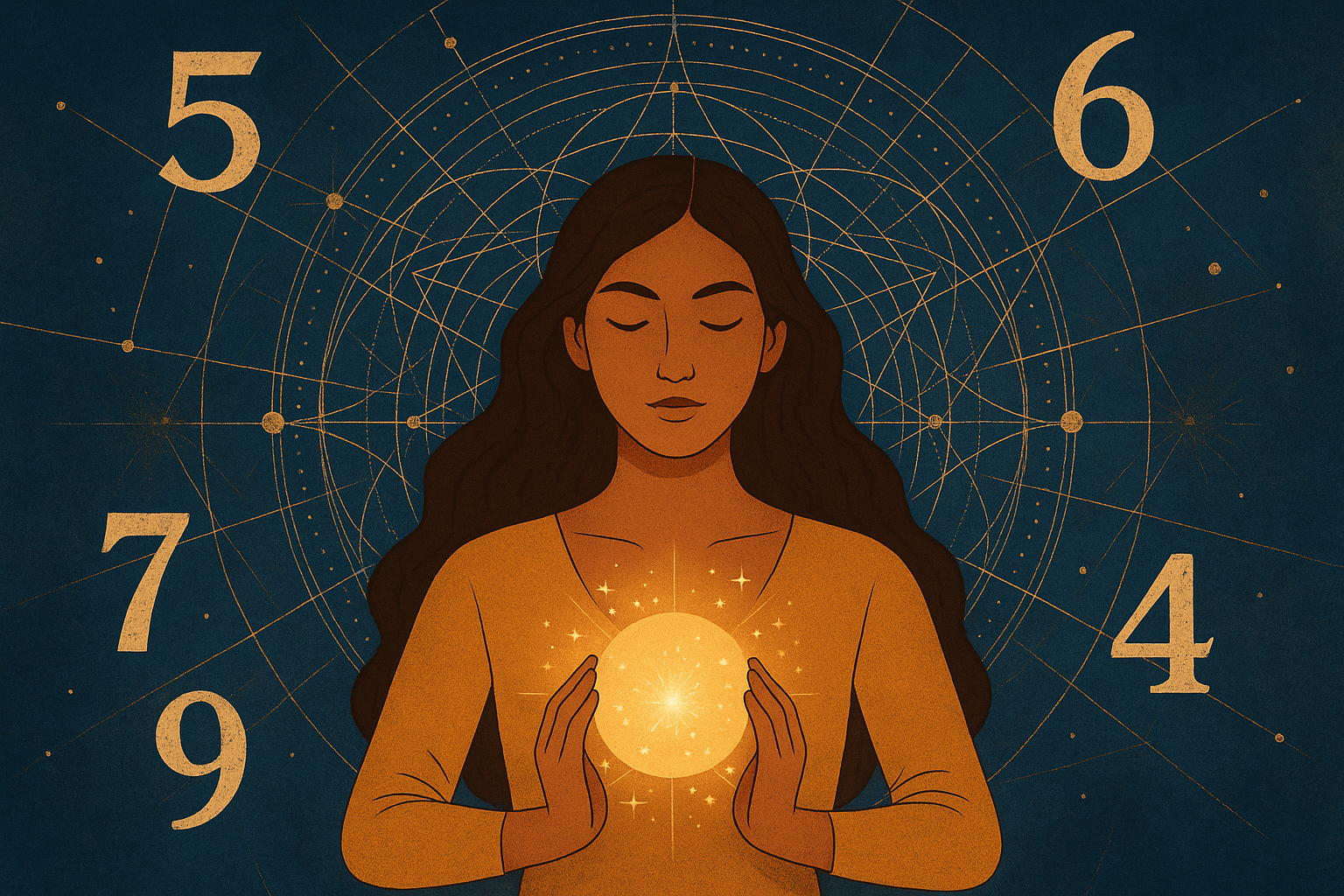 Woman holding glowing orb with numerology symbols and sacred geometry in celestial background – Brand Alchemi by Renata Clarke
