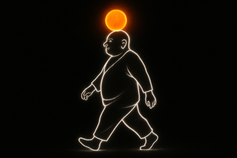 White glowing outline of a walking male figure with a luminous orange orb touching the crown, on a black background. Artwork representing a mystical vision linked to emotional healing and purpose. Created for Renata Clarke of Brand Alchemi, symbolising emotional transformation, embodiment, and spiritual awakening.