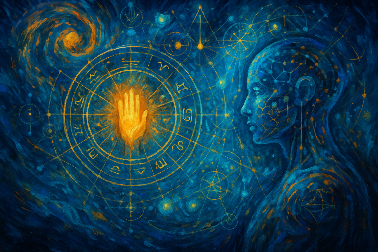 A richly layered, landscape-oriented digital painting featuring swirling blues, deep turquoises, and radiant cosmic textures. Created for Renata Clarke of Brand Alchemi, this artwork symbolizes the multidimensional fusion of intuition, esoteric wisdom, and AI-powered strategy. The abstract composition reflects the depth of Brand Alchemi’s transformational branding approach—blending Human Design, Gene Keys, Astrology, and Numerology with emotional liberation, subconscious reprogramming, and soul-aligned business embodiment.