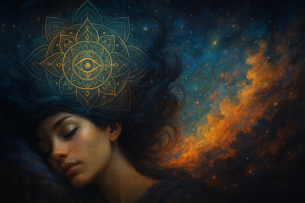 A surreal, dreamlike digital painting with vibrant cosmic tones, blending ethereal feminine forms, glowing neural patterns, and layered organic textures. The image symbolizes subconscious exploration, intuitive vision, and the integration of energy, psyche, and soul through AI and dreamwork.