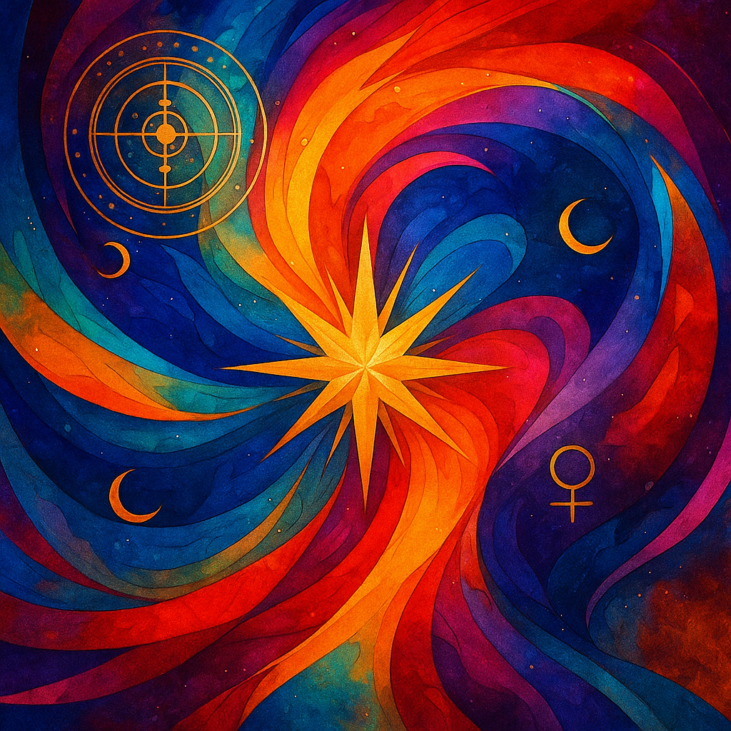 A square-format digital painting with layered vibrant colors, radiating through abstract patterns that symbolize soul expression, energetic resonance, and esoteric influence. Created for Renata Clarke of Brand Alchemi, this image represents the inner truth behind brand visibility and alignment with Human Design, astrology, and numerology.