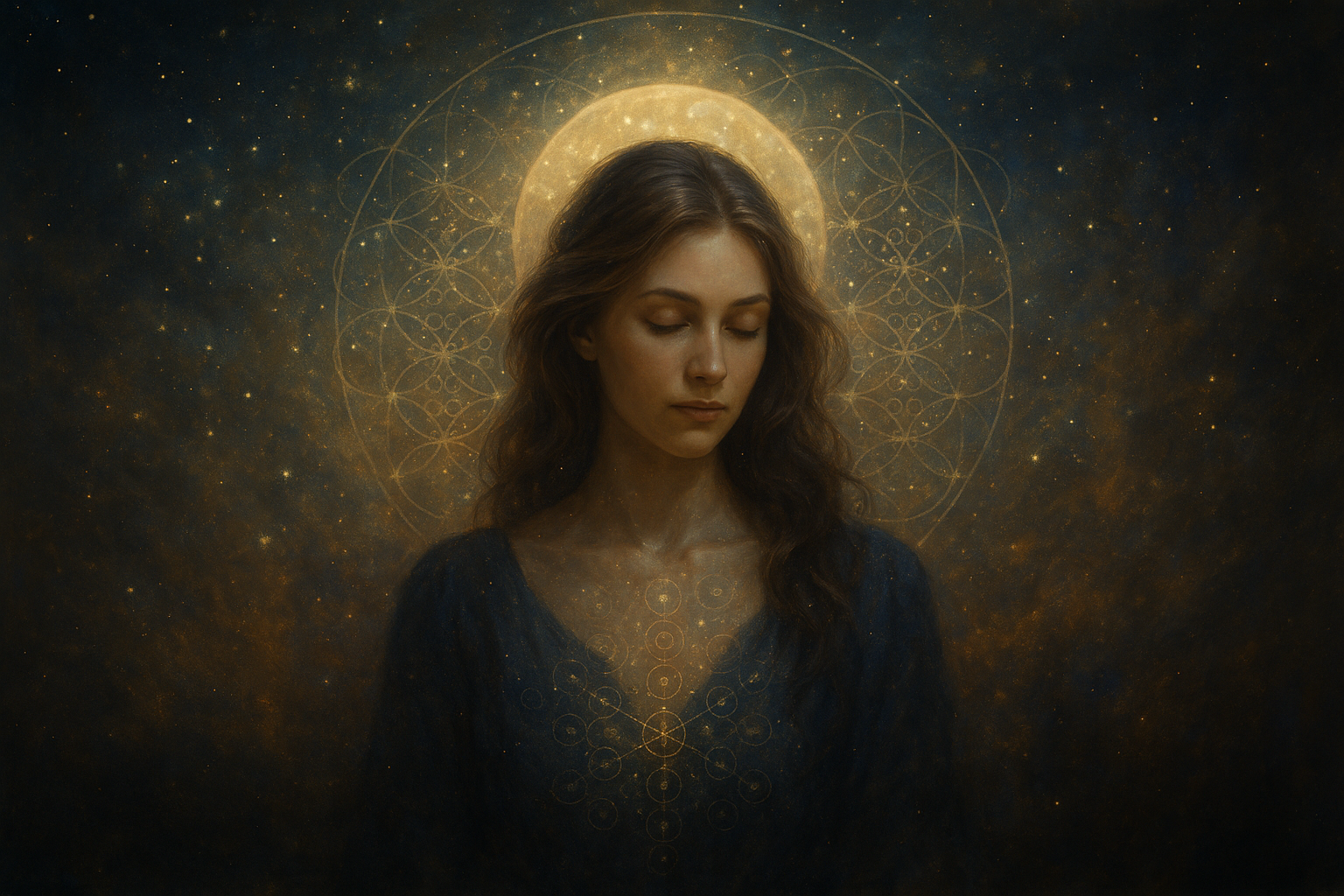 Celestial digital painting of a woman immersed in starlight with Gene Keys patterns, symbolising the Life’s Work Sphere and soul-aligned business impact.