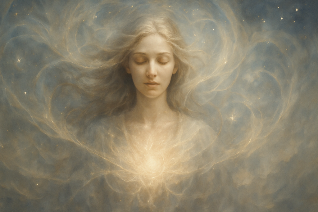 Ethereal digital painting of a serene woman with flowing hair and a glowing light at her heart centre, symbolising inner authority, emotional clarity, and intuitive business decision-making. Reflects the theme of frequency-first branding, Human Design emotional authority, and soul-aligned leadership by Renata Clarke.