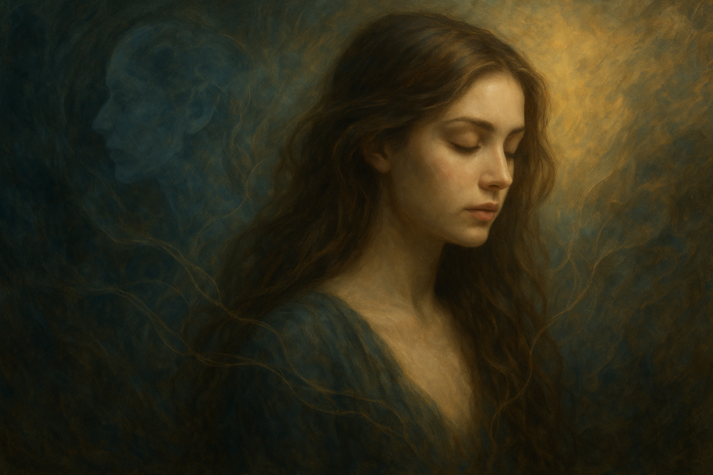 Ethereal digital painting of a soulful woman bathed in golden light, symbolising emotional expression and authenticity in soul-led branding and business. The essence of frequency-first branding by Renata Clarke at Brand Alchemi.