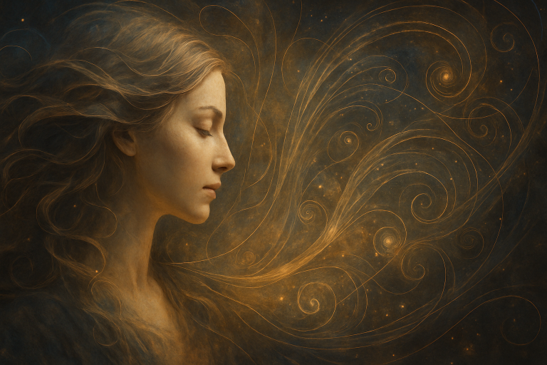 Ethereal digital painting of a soulful woman bathed in golden light, symbolising emotional expression and authenticity in soul-led branding and business. The essence of frequency-first branding by Renata Clarke at Brand Alchemi.