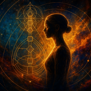 A cosmic and abstract landscape-style digital painting featuring layered human silhouettes, planetary lines, and energetic geometry. Created for Renata Clarke of Brand Alchemi to symbolize the multidimensional nature of leadership, visibility, and Human Design profiles in personal branding.