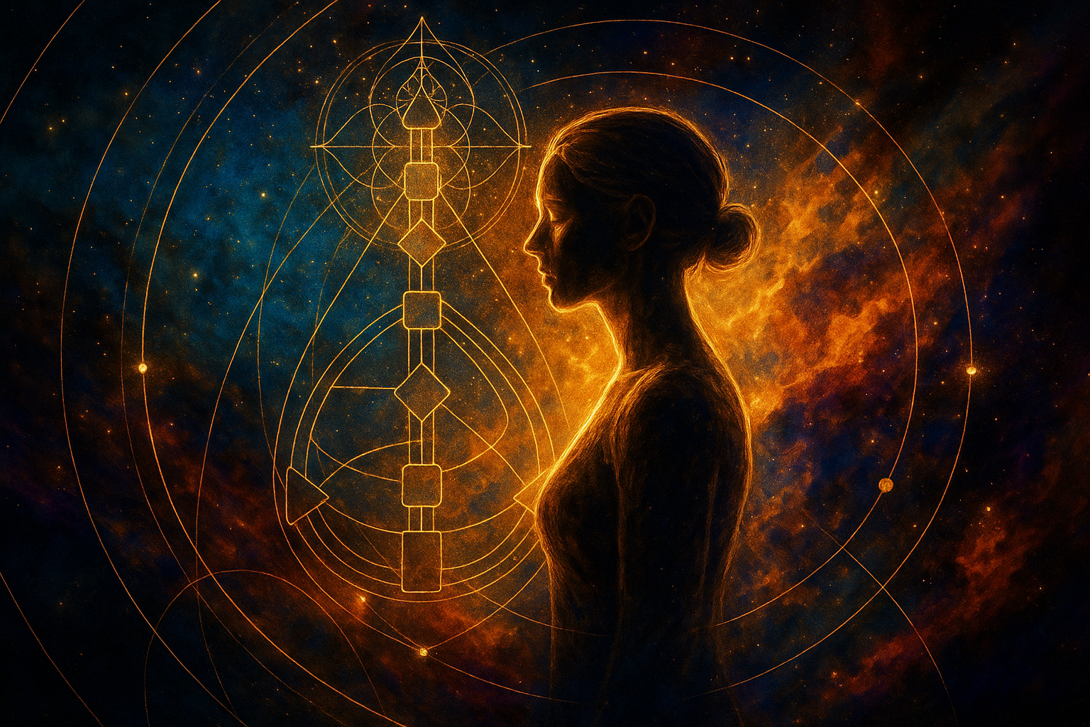 A cosmic and abstract landscape-style digital painting featuring layered human silhouettes, planetary lines, and energetic geometry. Created for Renata Clarke of Brand Alchemi to symbolize the multidimensional nature of leadership, visibility, and Human Design profiles in personal branding.