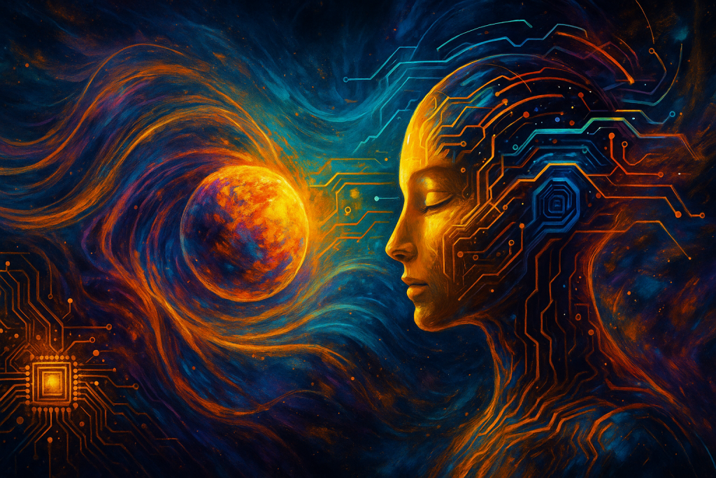 A high-resolution landscape digital artwork blending futuristic AI elements with ethereal energy waves and radiant cosmic textures. Created for Renata Clarke of Brand Alchemi, this image symbolizes the transformative fusion of artificial intelligence and soul-aligned energetic recalibration found within the Quantum Expansion Portal.