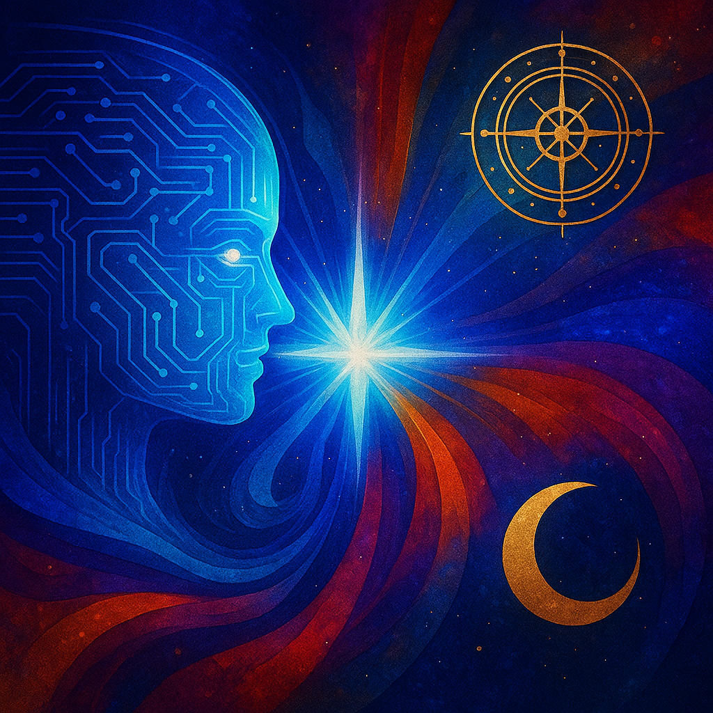 A futuristic, cosmic square-format artwork combining AI technology motifs with luminous energetic fields. Designed for Renata Clarke of Brand Alchemi, this image visualizes the intersection of artificial intelligence and soul transformation through the Quantum Expansion Portal.