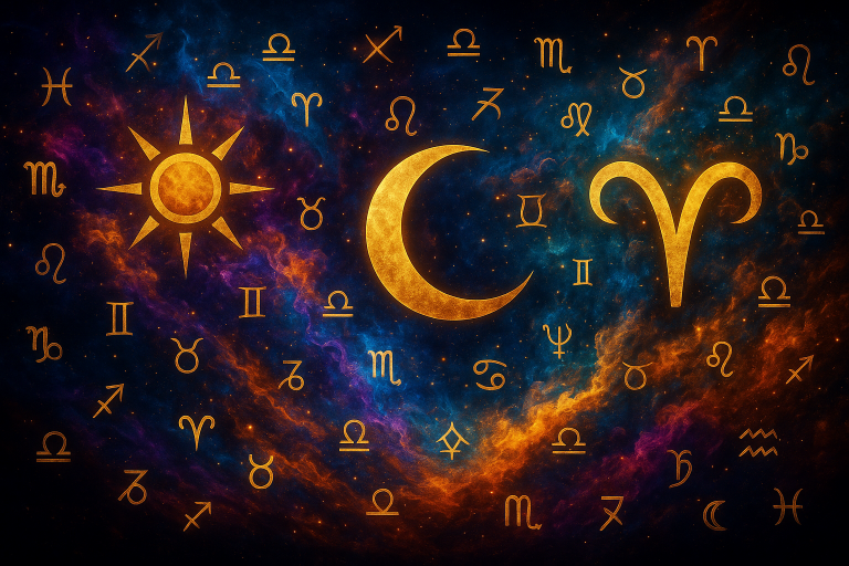 A vibrant, cosmic landscape-oriented digital artwork showing layered astrological symbols, swirling energetic light, and intricate celestial architecture. Created for Renata Clarke of Brand Alchemi to visually express the depth, resonance, and multidimensionality of personal branding through astrology, Human Design, and energetic blueprint decoding.