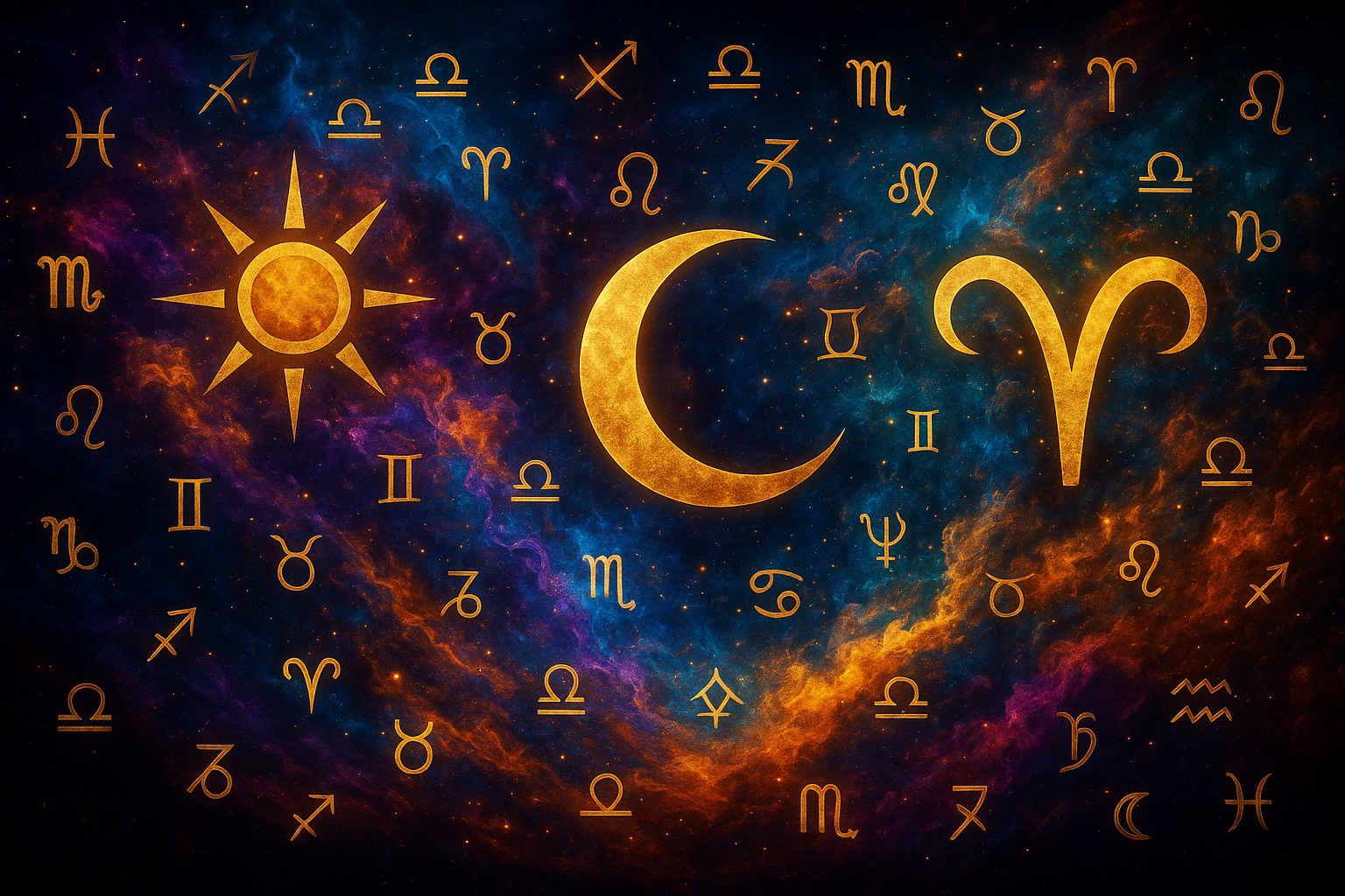 A vibrant, cosmic landscape-oriented digital artwork showing layered astrological symbols, swirling energetic light, and intricate celestial architecture. Created for Renata Clarke of Brand Alchemi to visually express the depth, resonance, and multidimensionality of personal branding through astrology, Human Design, and energetic blueprint decoding.