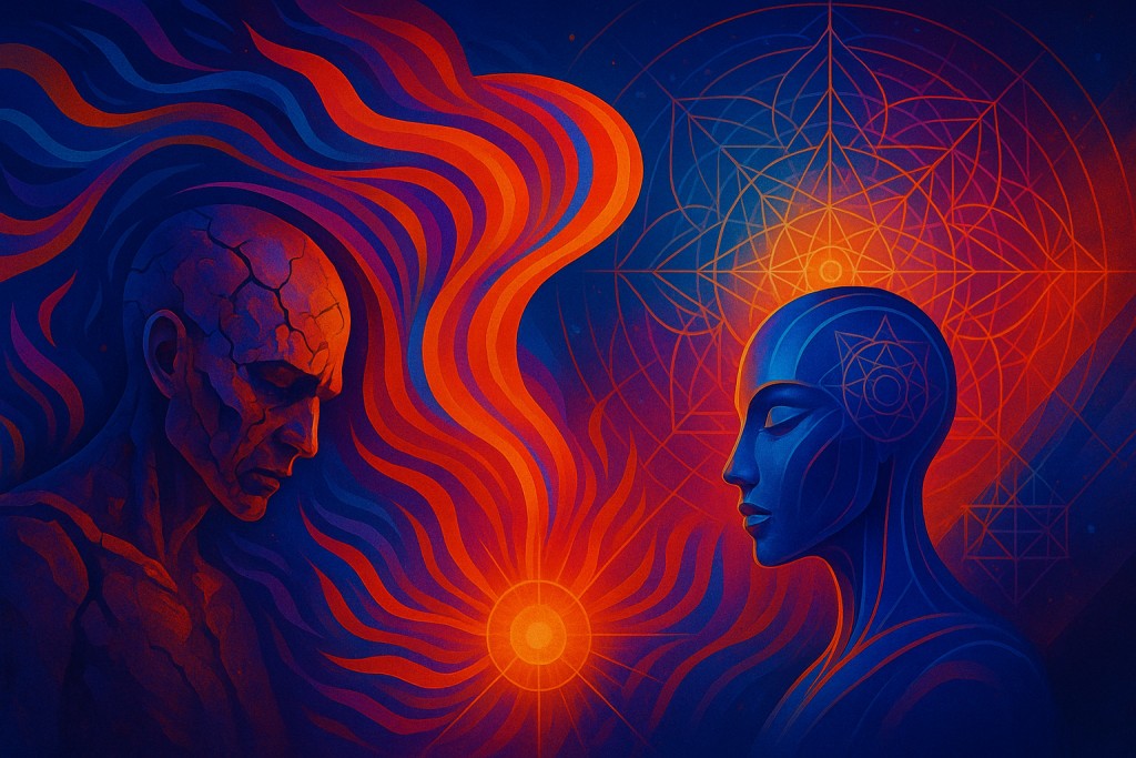 Visionary digital artwork by Renata Clarke featuring a symbolic brand identity death and rebirth—depicting a cracked masculine figure dissolving into light, and an illuminated, sleek feminine presence infused with sacred geometry, vibrant colors, and energetic transformation motifs.