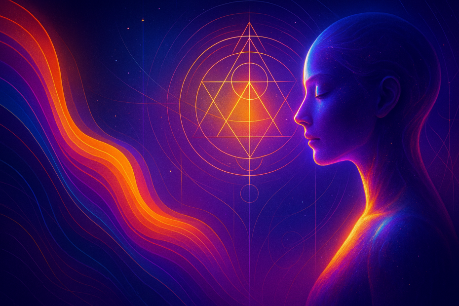 Digital artwork by Renata Clarke depicting the silhouette of a multi-passionate woman surrounded by radiant purples, oranges, and sacred geometry—symbolizing emotional coherence, brand identity alignment, and blueprint-based personal branding.