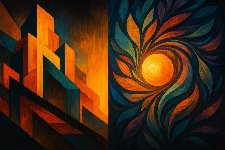 A vivid landscape-oriented digital painting visually split in two. One half features clean, rigid geometric lines representing traditional branding; the other half bursts with color, layered symbols, and energetic light representing holistic branding. Created for Renata Clarke of Brand Alchemi to highlight the contrast between surface strategy and soul alignment.