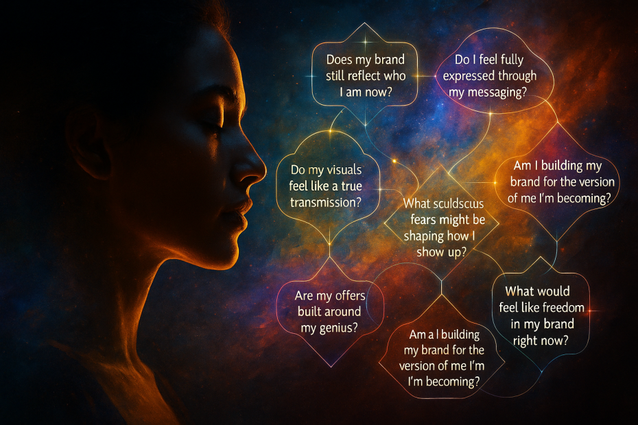 A vivid, landscape-oriented digital artwork portraying mirrored figures in a luminous, layered atmosphere. Created for Renata Clarke of Brand Alchemi, this image symbolizes brand self-reflection, energetic alignment, and the emotional clarity gained through deep inquiry and personal evolution in branding.