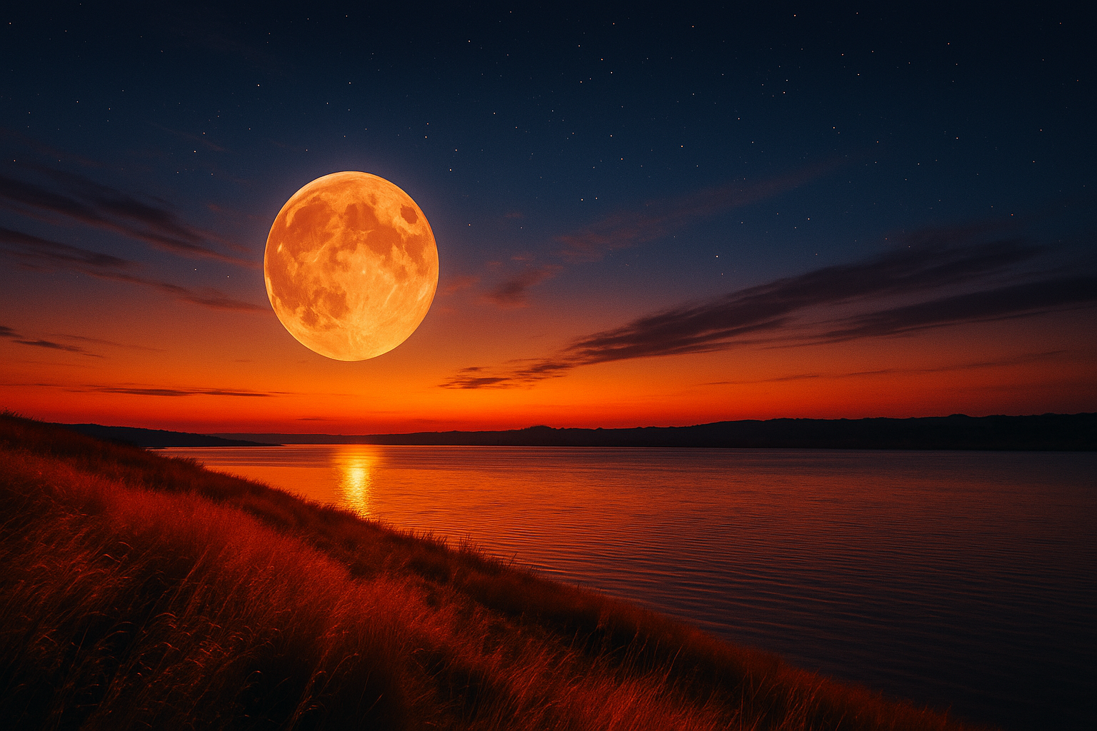 A vivid twilight landscape captured by Renata Clarke, showing a glowing full moon rising over calm waters—symbolising cosmic timing, energetic branding, and lunar alignment in soul-led business strategy.