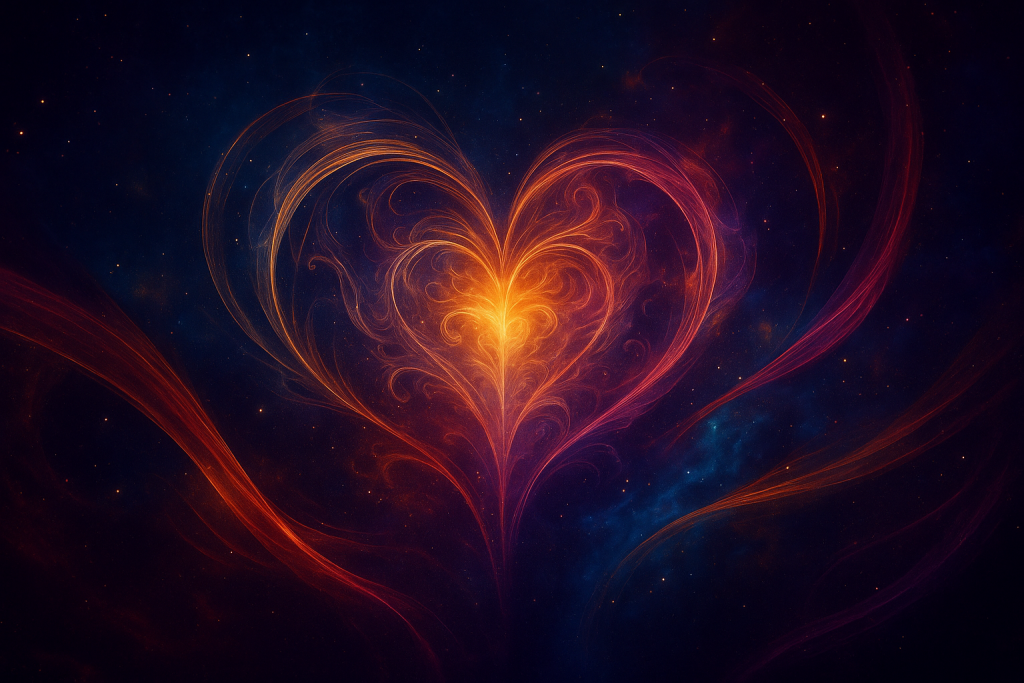 A digital artwork featuring an ethereal heart-shaped light source radiating over a cosmic background. The image evokes emotional depth, soul alignment, and energetic resonance, created for Renata Clarke of Brand Alchemi. It visually represents emotional branding, subconscious alignment, and the Soul Urge Number in business energetics.