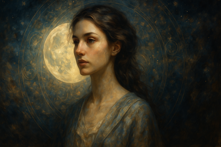 Ethereal portrait of a woman under a full moon with cosmic elements, symbolising how the Ascendant sign shapes first impressions in soul-aligned branding by Renata Clarke.
