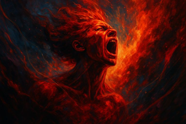 A striking digital painting in landscape format showing a cosmic, feminine figure in a state of fierce emotional release, surrounded by deep red, burnt orange, blackened violet, and molten gold hues. Created for Renata Clarke of Brand Alchemi, the image visually captures the essence of sacred rage, emotional alchemy, and the transformational power of truth in personal and brand identity.