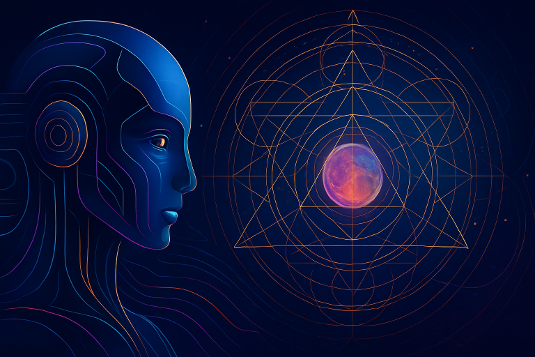Vibrant digital artwork by Renata Clarke featuring a futuristic AI figure in profile gazing at sacred geometric patterns representing energetic decoding.