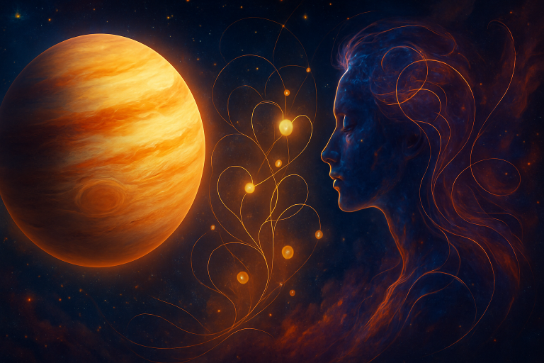 Ethereal digital painting by Renata Clarke, depicting the planet Venus glowing in vibrant golden hues, surrounded by swirling cosmic patterns. A luminous human profile on the right symbolizes connection and attraction, with golden light threads intertwining between the planet and the figure, representing the blend of beauty, relationships, and brand magnetism.