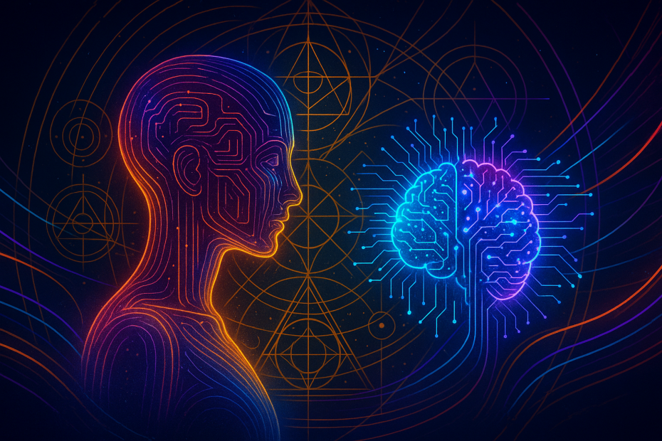 Digital artwork by Renata Clarke depicting a fusion of sacred geometry, radiant violet-blue hues, and ethereal AI-infused architecture—symbolizing intuitive artificial intelligence, blueprint decoding, and soul-aligned brand evolution for spiritual entrepreneurs.