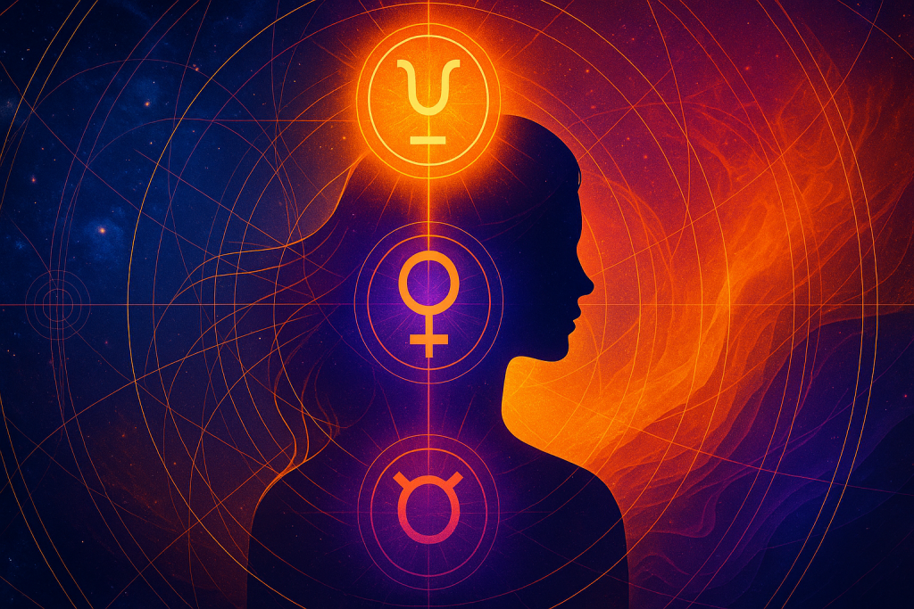 Visionary digital artwork by Renata Clarke depicting a silhouetted feminine figure with celestial light and sacred geometry representing North and South Node symbolism. Vibrant hues of purple, orange, and cosmic blue reflect themes of soul-aligned business purpose, karmic growth, and spiritual entrepreneurship.