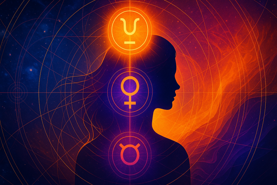 Visionary digital artwork by Renata Clarke depicting a silhouetted feminine figure with celestial light and sacred geometry representing North and South Node symbolism. Vibrant hues of purple, orange, and cosmic blue reflect themes of soul-aligned business purpose, karmic growth, and spiritual entrepreneurship.