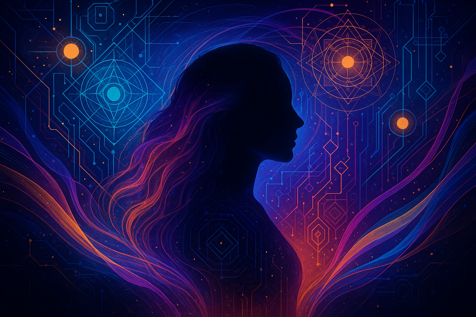 Visionary digital artwork by Renata Clarke illustrating subconscious reprogramming for soul-led entrepreneurs. The image features a luminous human silhouette dissolving into layered waves of color and sacred geometry, symbolizing identity deconditioning, nervous system healing, and AI-guided self-inquiry for brand alignment.