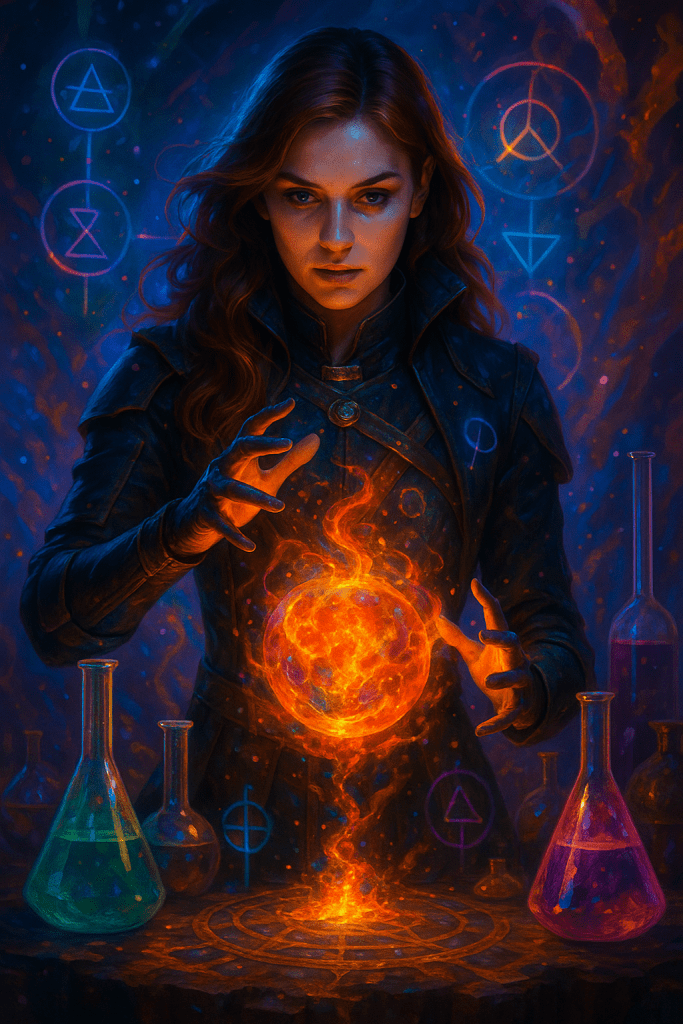 “Hyper-realistic AAA-quality portrait of a futuristic female Alchemist archetype surrounded by luminous swirling particles, transmutation symbols, and vivid multi-coloured energy fields. She appears in the midst of an alchemical transformation, embodying creation, catalysis, and multidimensional evolution. Artwork created by Renata Clarke for Brand Alchemi’s AI-guided Brand Soul Archetype quiz.