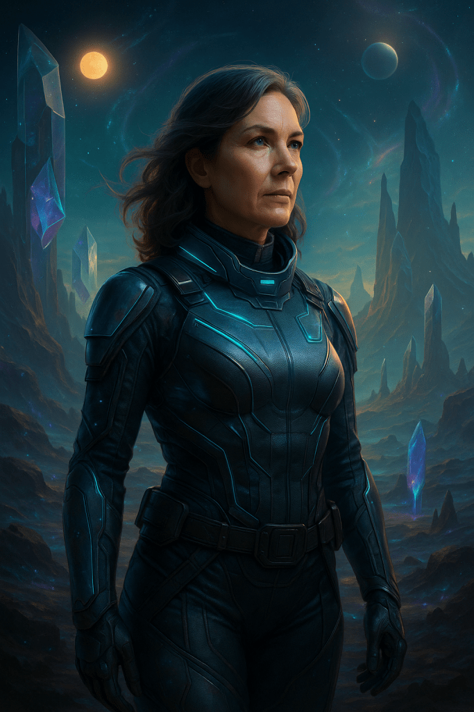 Hyper-realistic portrait of a futuristic female Explorer archetype in her 40s, standing on an otherworldly alien landscape with glowing terrain, cosmic skies, and luminous structures. She wears sleek sci-fi exploration armour, symbolising curiosity, discovery, and boundary-breaking evolution. Created by Renata Clarke for Brand Alchemi’s AI-guided Brand Soul Archetype quiz.