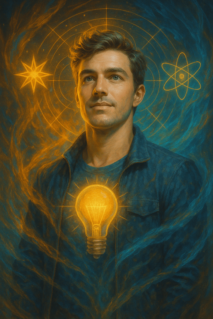 A hyper-realistic, ethereal portrait symbolising the Innovator archetype, featuring a man illuminated by glowing golden circuitry, radiant light patterns, and visionary geometric symbols. Designed by Renata Clarke for Brand Alchemi’s AI-guided Brand Soul Archetype quiz results.