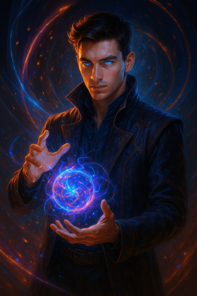 Hyper-realistic portrait of a young male Magician archetype in his mid-20s, holding a glowing swirling orb of blue and orange energy. He stands in a cosmic vortex of light, with illuminated eyes and intricate mystical patterns, symbolising transformation, intuition and energetic mastery. Created by Renata Clarke for Brand Alchemi’s AI-guided Brand Soul Archetype quiz results.
