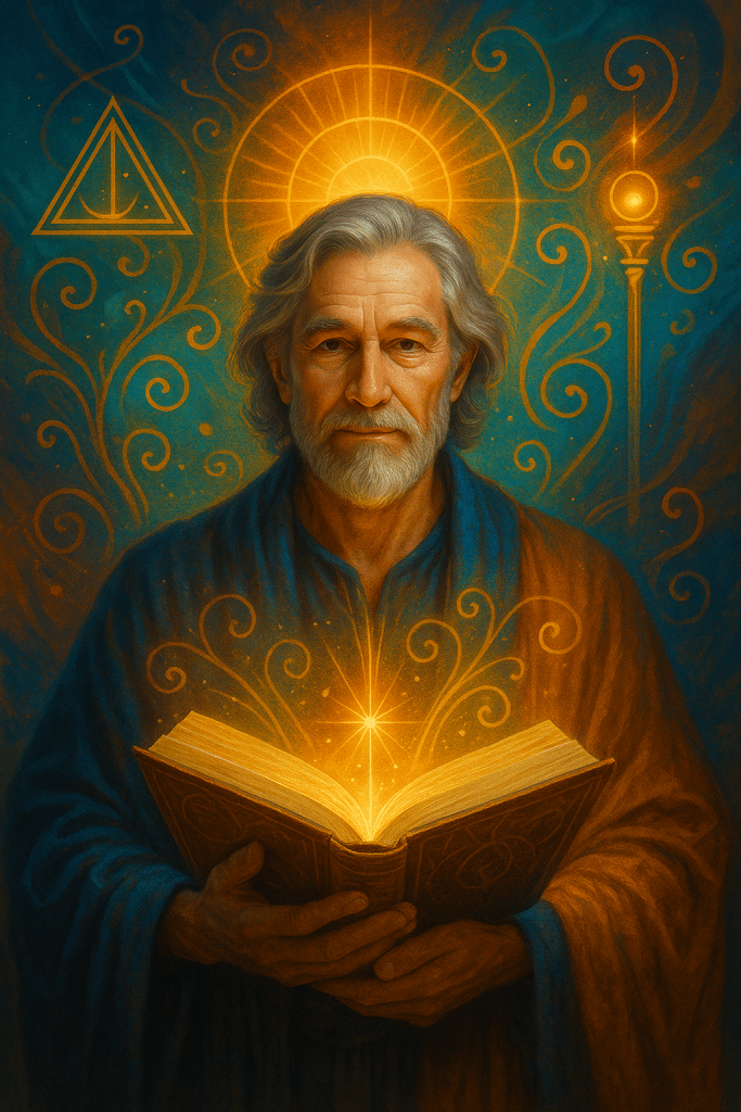 Ethereal, semi-realistic portrait of the Mentor archetype featuring a wise elder holding an ancient glowing book, surrounded by radiant golden light, mystical symbols, and swirling teal energy. Created by Renata Clarke for Brand Alchemi’s AI-guided ‘Discover Your Brand’s Soul Archetype’ quiz results to represent wisdom, guidance, and compassionate leadership.