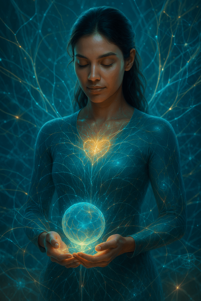 A hyper-realistic, next-generation portrait of The Nurturer archetype, showing an evolved woman surrounded by luminous energy threads, soft bioluminescent light and crystalline organic patterns symbolising emotional attunement and healing. Created by Renata Clarke for Brand Alchemi’s AI-guided Brand Soul Archetype quiz results.